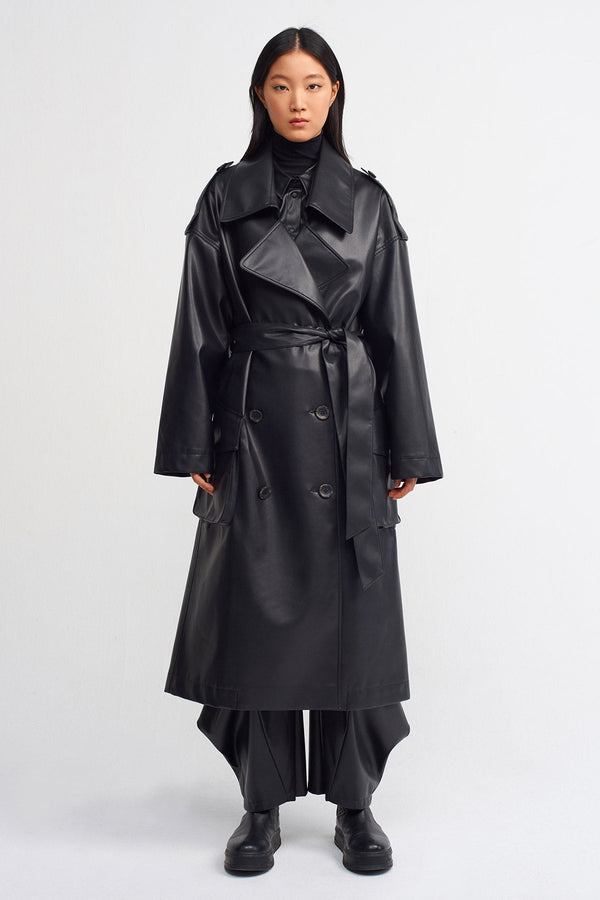 Nu Double Breasted Trendy Trench Coat Black