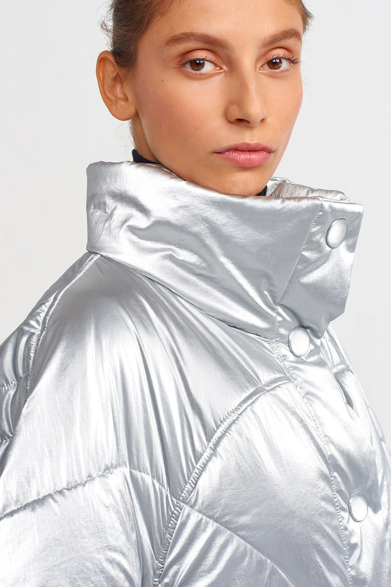 Nu Oversize Puffer Metallic Quilted Jacket Platinum