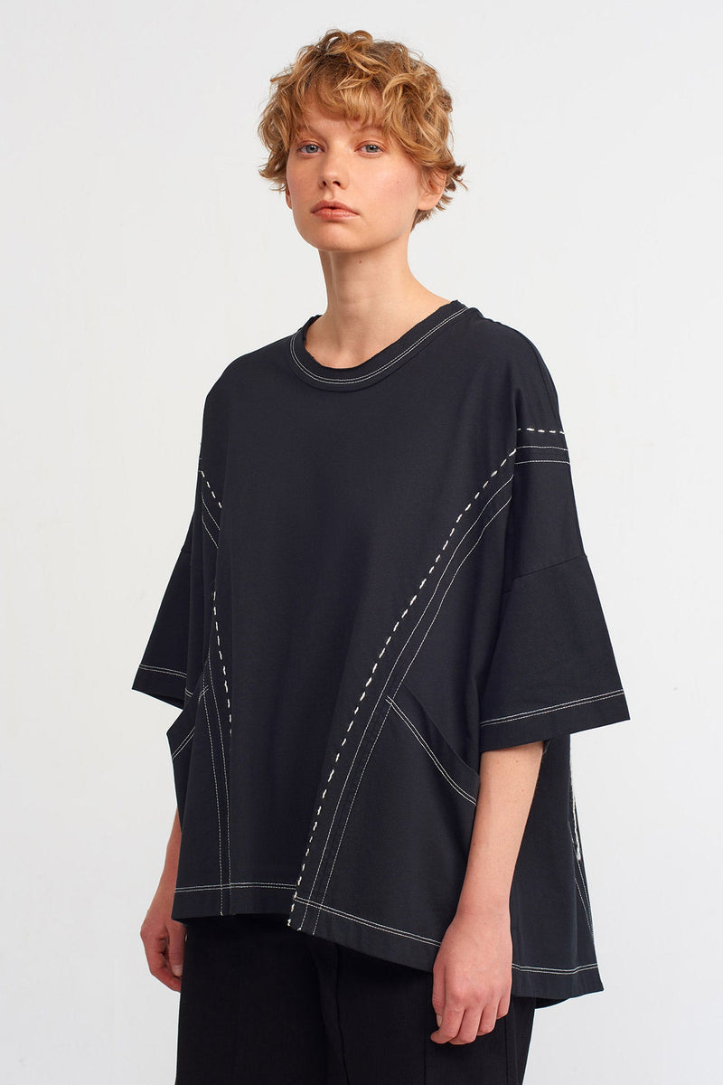 Nu Contrast Stitched Detail Oversize Top Natural/Black