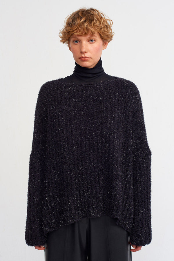 Nu Wide Collar Shiny Thread Detailed Sweater Black