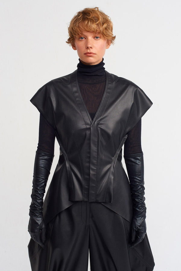 Nu V-Neck Leather Look Blouse Black