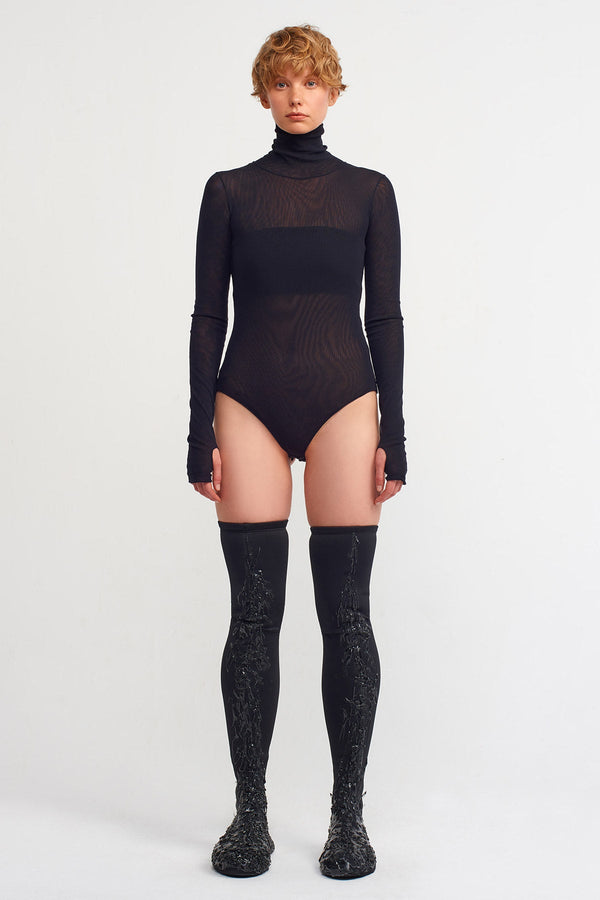 Nu Turtleneck Tulle Bodysuit Black