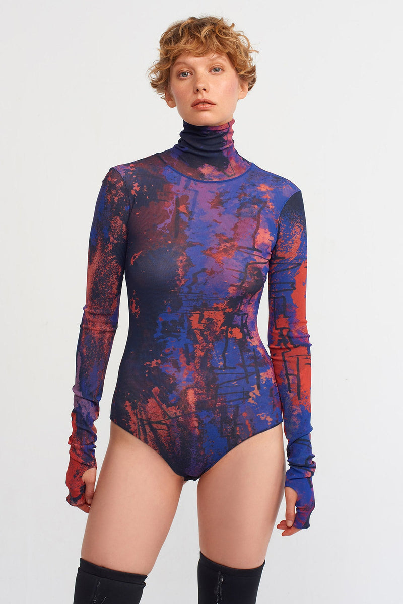 Nu Printed Turtleneck Mesh Bodysuit Red