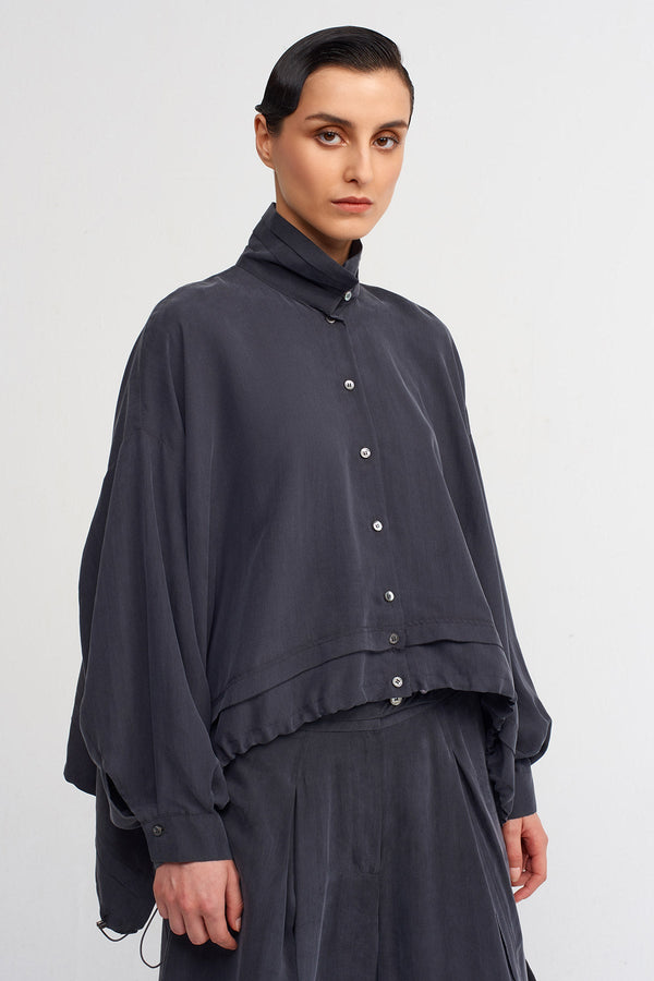 Nu High Mandarin Collar Silk Shirt" Dark Grey