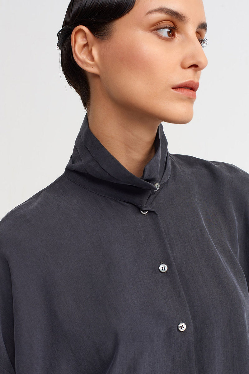 Nu High Mandarin Collar Silk Shirt" Dark Grey