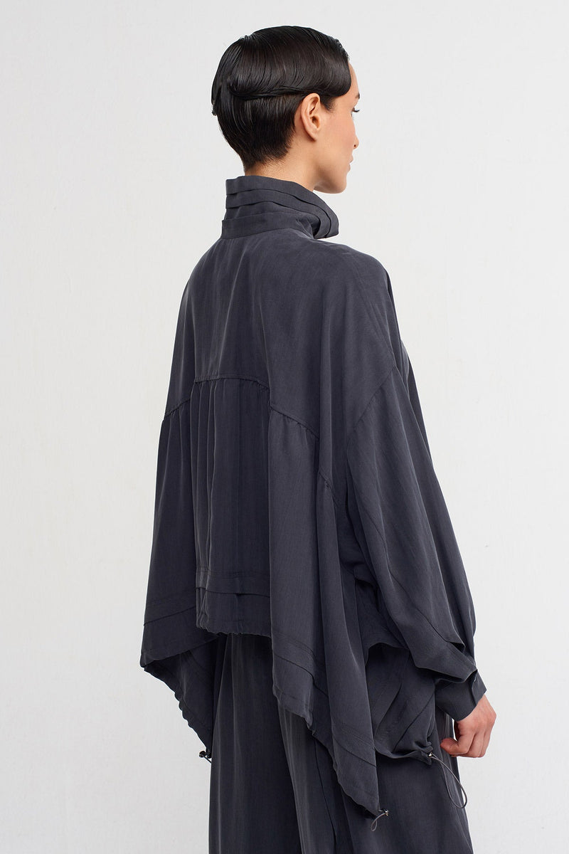 Nu High Mandarin Collar Silk Shirt" Dark Grey