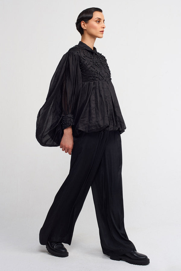 Nu Embroidered Elegant Balloon Blouse Black