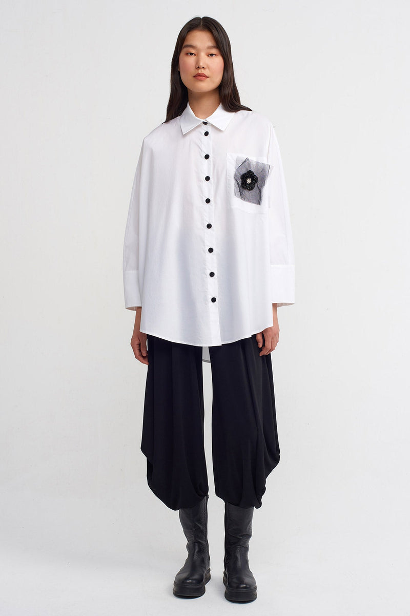 Nu Elegant Shirt With Embellished Pocket Off White