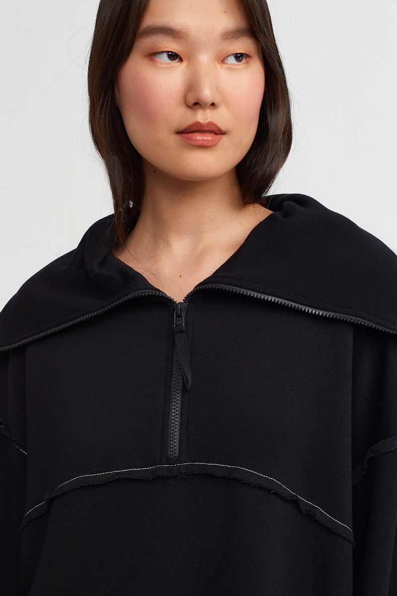 Nu Zip Collar Contrast Stitched Sweatshirt Natural/Black