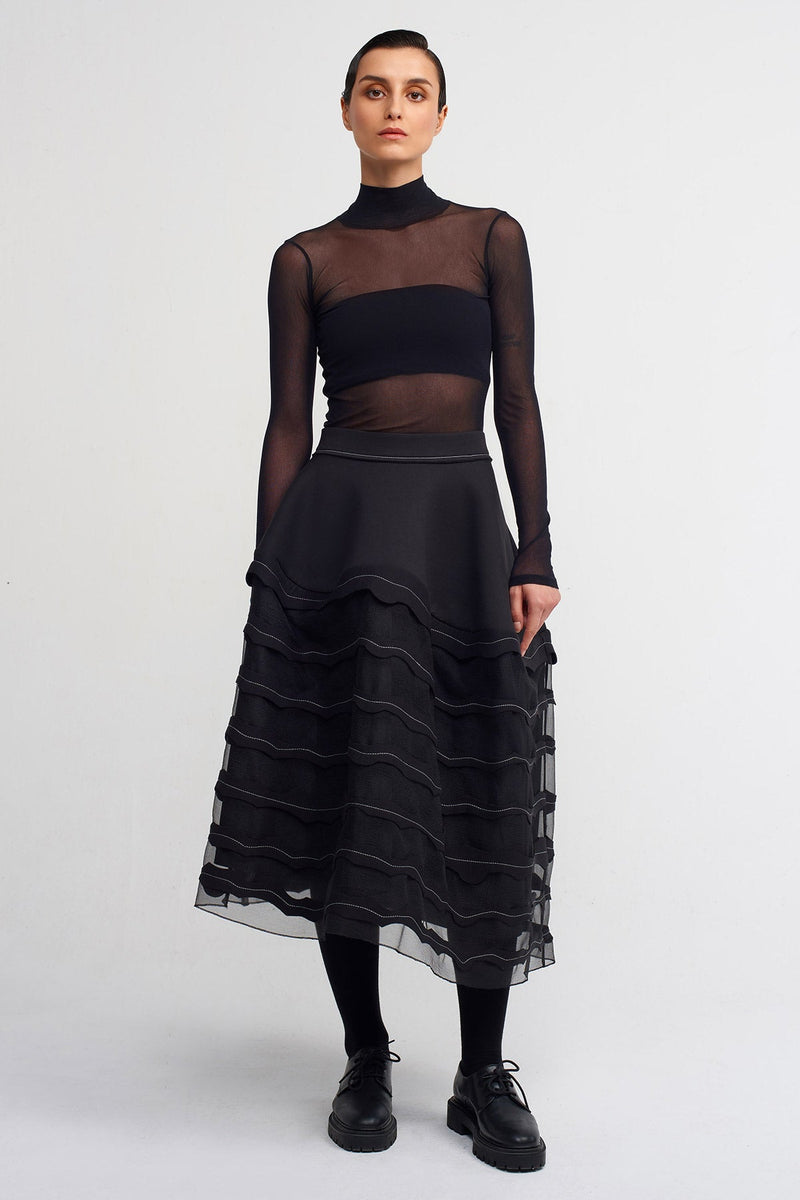 Nu Elegant Midi Skirt With Sheer Details Black