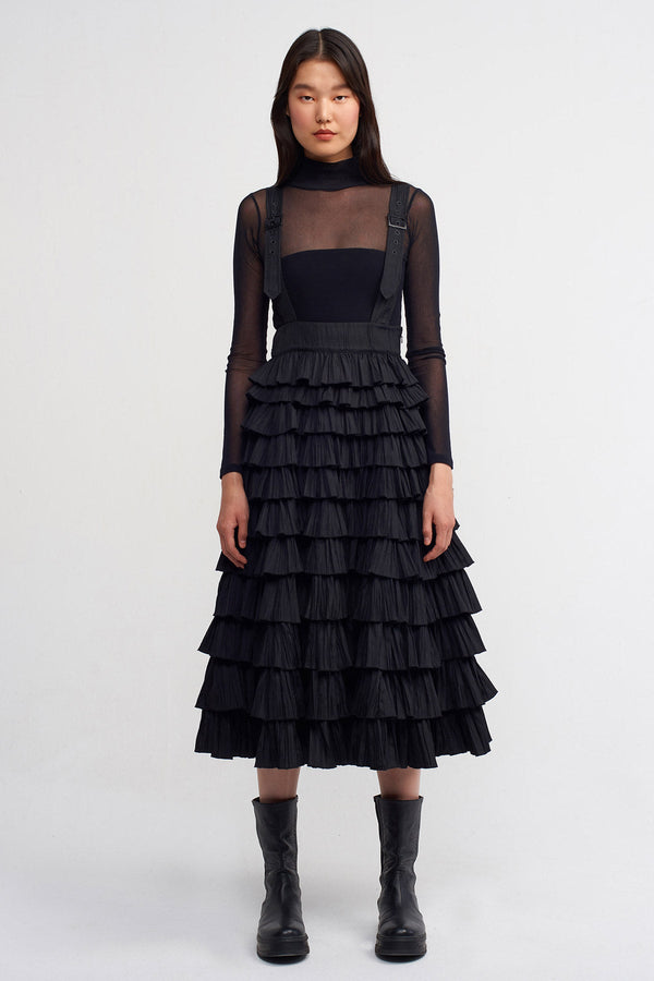 Nu Shoulder Belted Ruffle Skirt Black