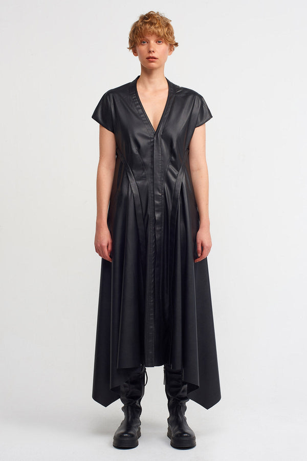 Nu V-Neck Vegan Leather Dress Black