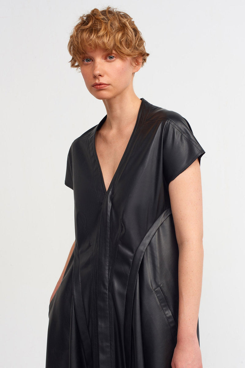 Nu V-Neck Vegan Leather Dress Black