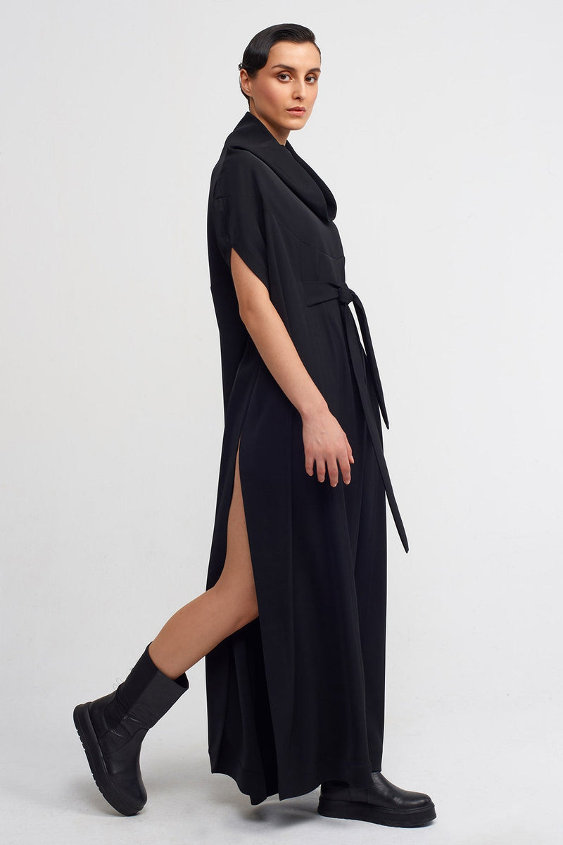 Nu Long Dress With Belted Waist Black