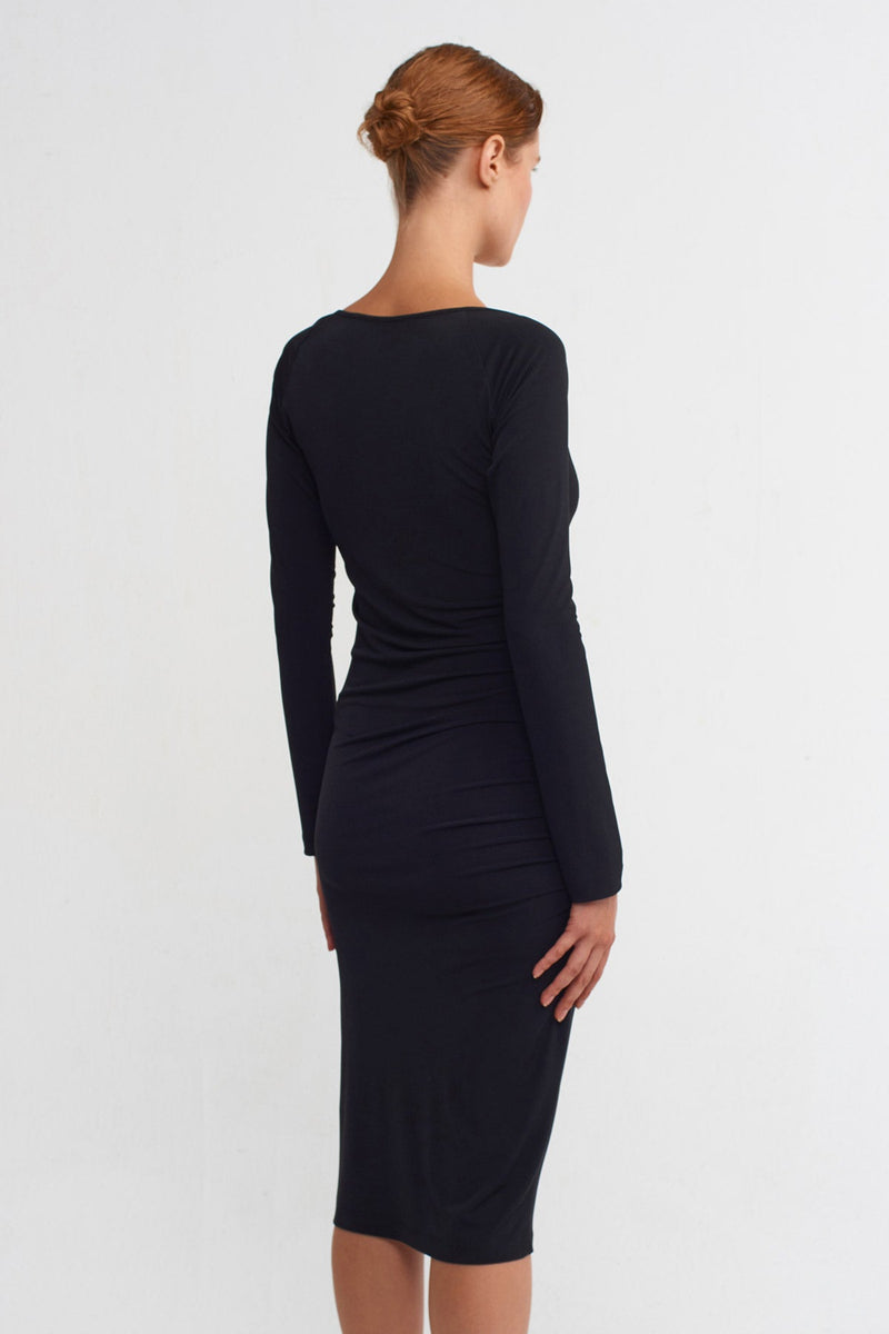 Nu Shirred Detail Midi Dress Black