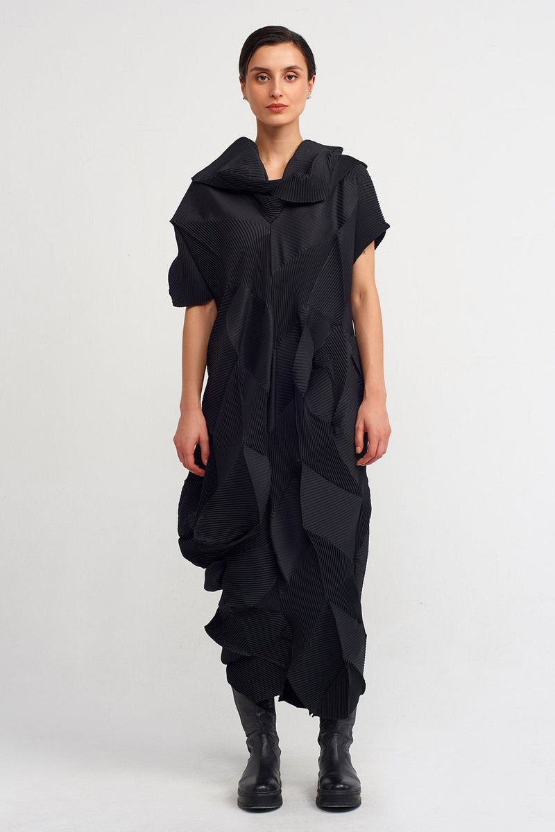 Nu Asymmetrical Long Pleated Dress Black