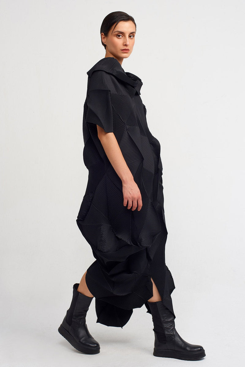 Nu Asymmetrical Long Pleated Dress Black