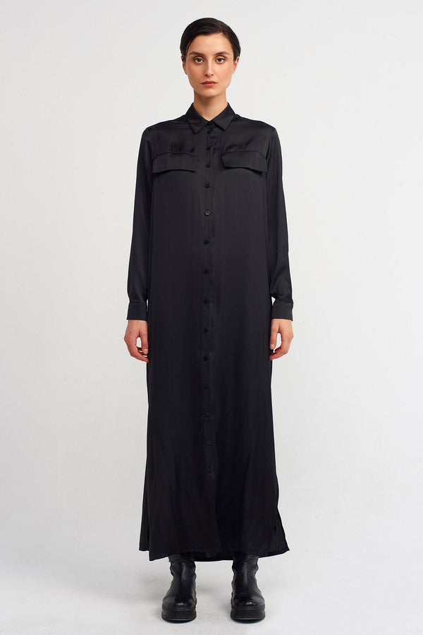 Nu Long Satin Shirt Dress Black