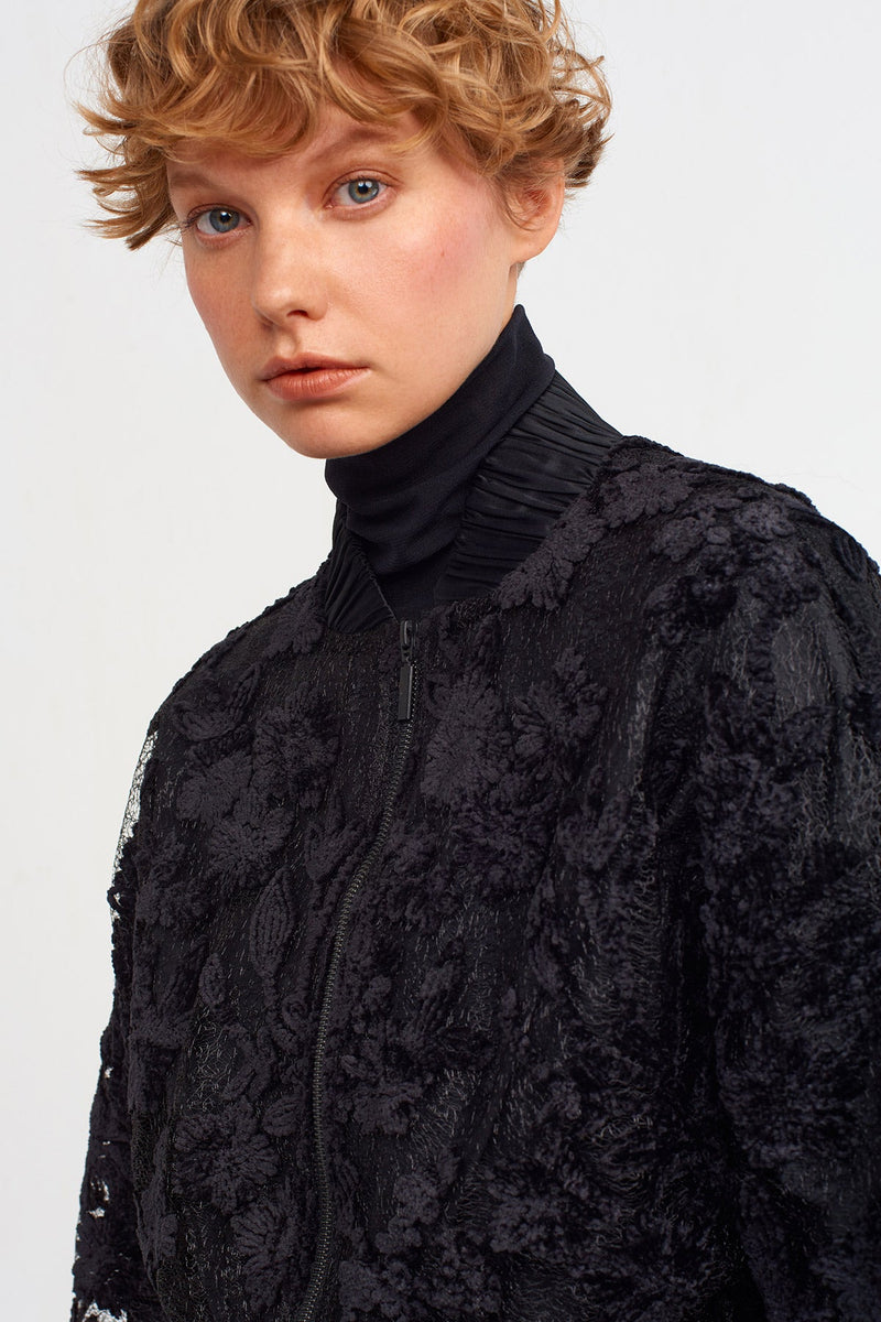 Nu Lace Embroidered Bomber Jacket Black