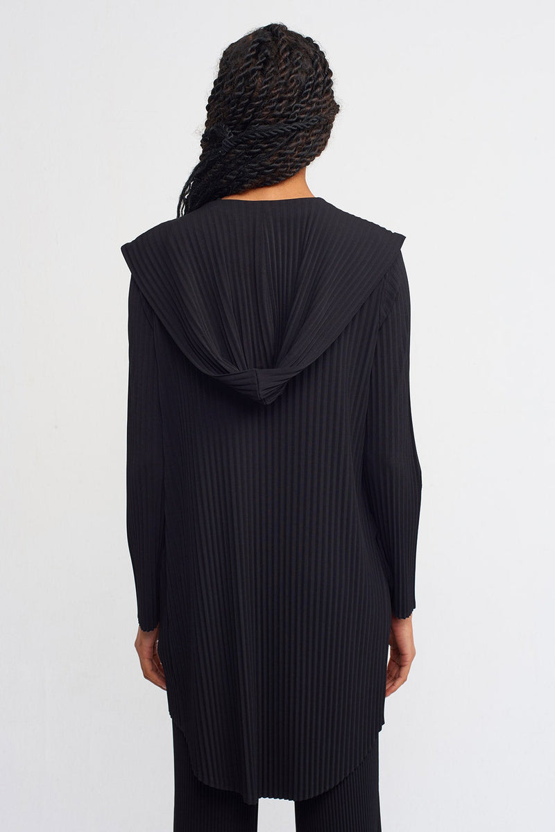 Nu Hooded Long Back Pleated Cardigan Black