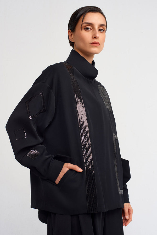 Nu Embroidered Straight Neck Short Jacket Black