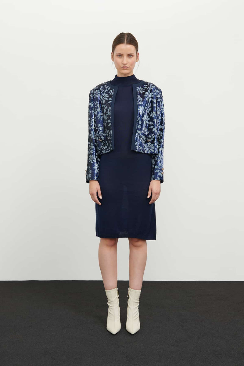 Roman Sequin-Embellished Floral Jacket Navy