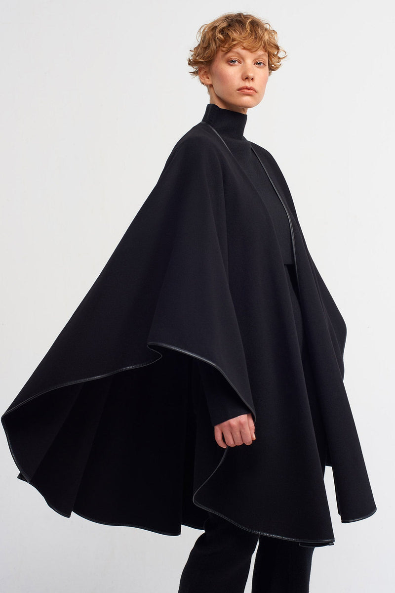 Nu Piping Detailed Wool Poncho Black