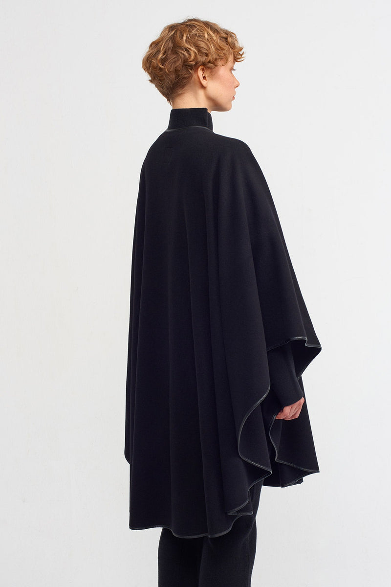 Nu Piping Detailed Wool Poncho Black