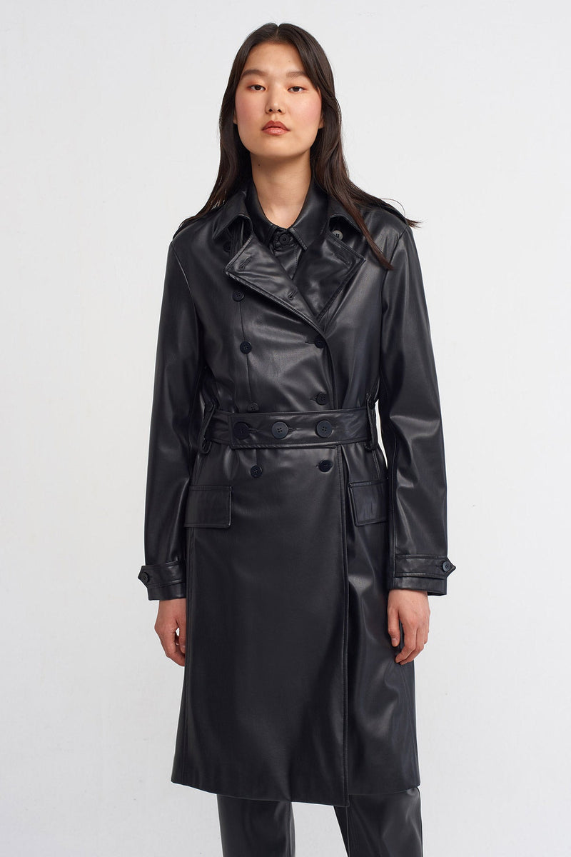 Nu Synthetic Leather Trench Coat Black