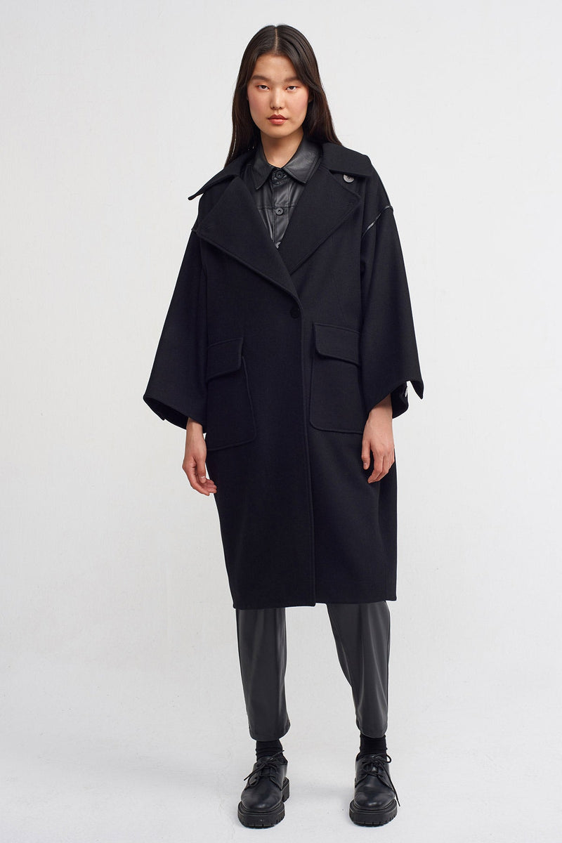 Nu Oversized Coat With Leather Trim Detail Black