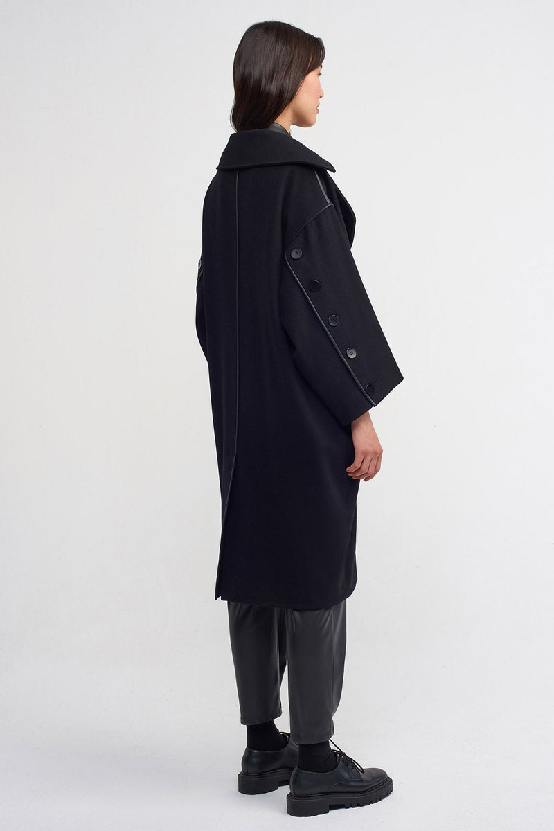 Nu Oversized Coat With Leather Trim Detail Black