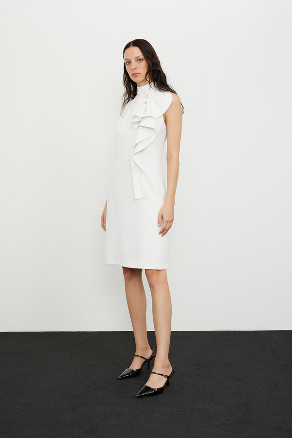 Roman Flounce Sleeveless Crepe Dress  Ecru