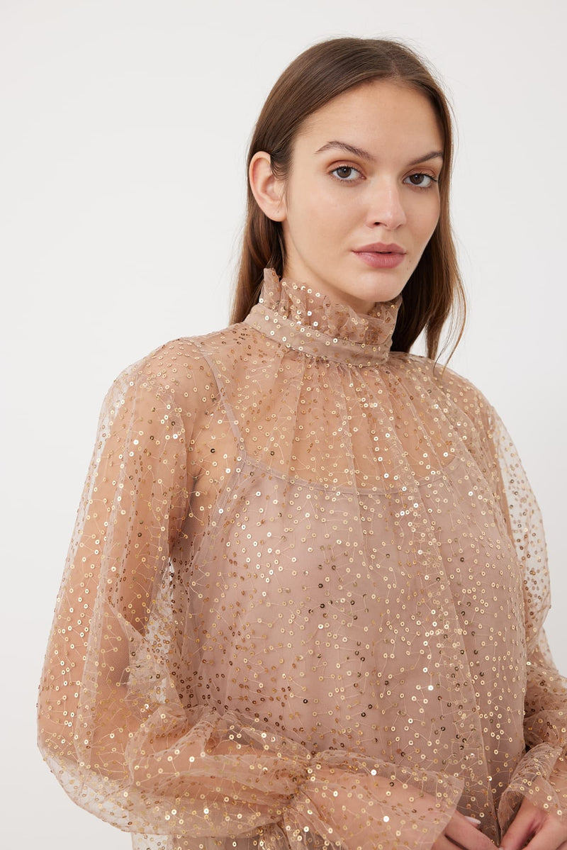 Roman Balloon Sleeve Sequined Tulle Blouse Powder