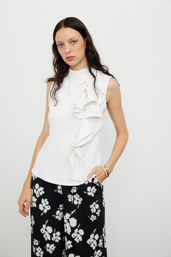 Roman Flounce Sleeveless Crepe Blouse  Ecru