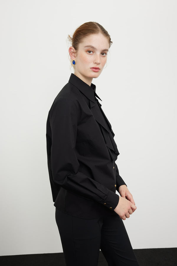 Roman Ruffle Detail Poplin Shirt Black