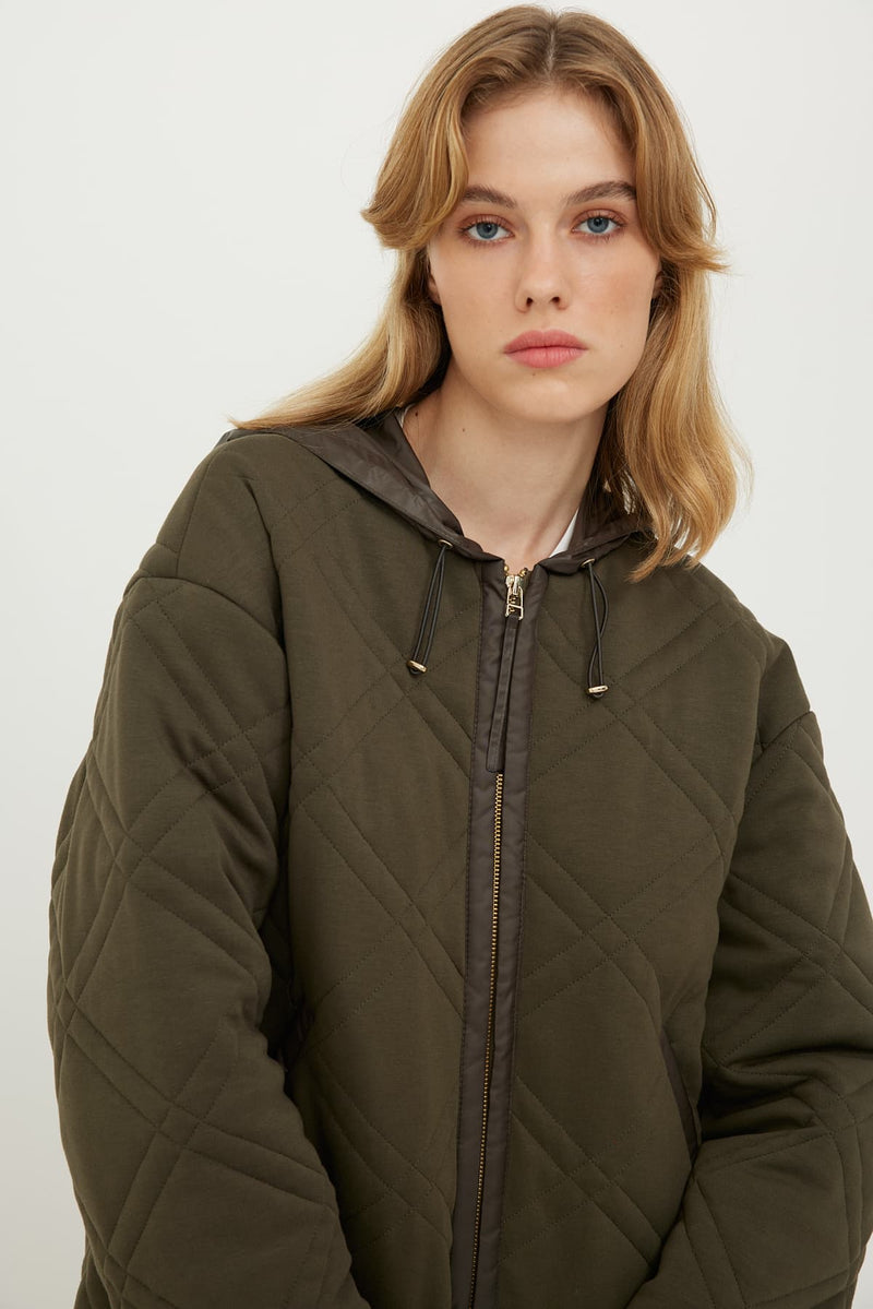 Roman Solid Hooded Quilted Coat Khaki