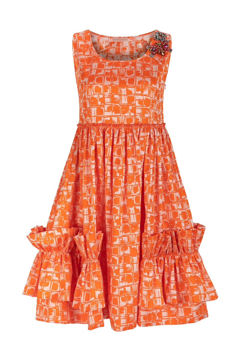 Machka Printed Sleeveless Shoulder-Embellished A-Line Mini Dress Orange