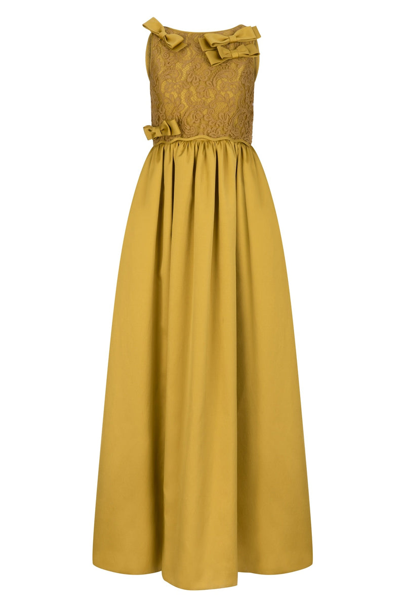 Machka Sleeveless Bow-Front Lace Detail A-Line Long Dress Mustard