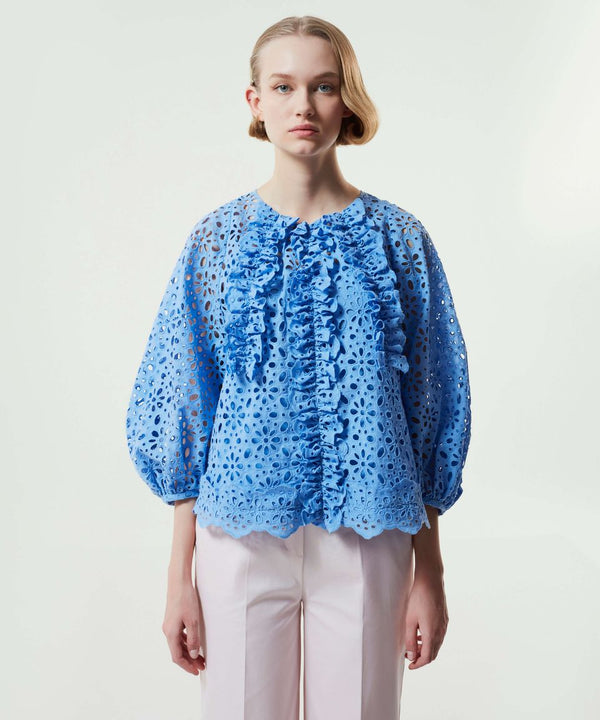 Machka Die Cut Ruffle Detail Blouse Sky Blue