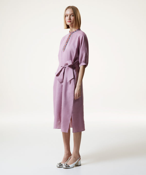 Machka Jewel Neck Linen Midi Dress Lilac