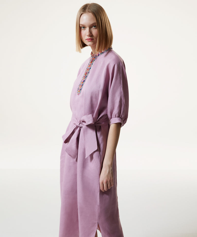 Machka Jewel Neck Linen Midi Dress Lilac