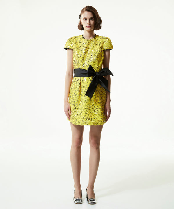 Machka Contrast Belted Sequined Mini Dress Yellow