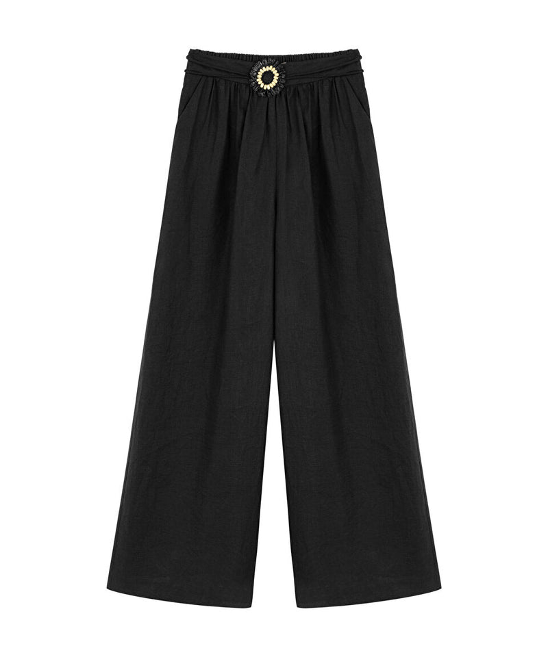 Machka Belted Detail Linen Trousers Black