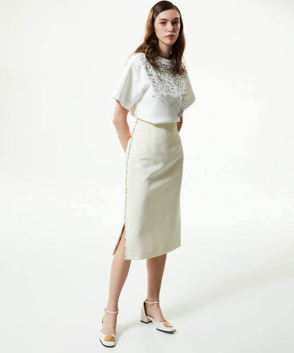 Machka Crystal-Stone Striped Pencil Skirt Off White