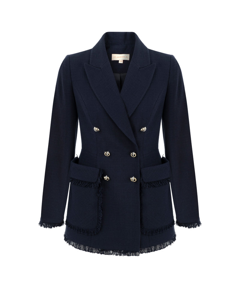 Machka Tweed Blazer With Tassel Stripes Navy Blue