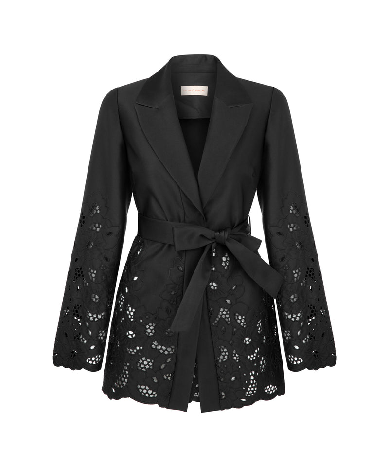 Machka Embroidered Satin Duchess Jacket Blazer Black