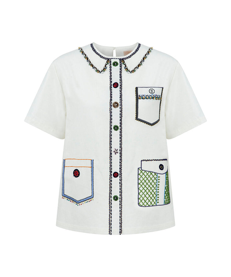 Machka Bead-Embroidered Linen Blend Blouse White