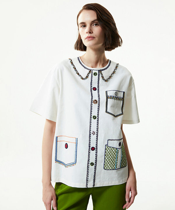 Machka Bead-Embroidered Linen Blend Blouse White