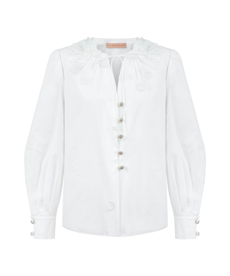 Machka Organza Flower-Embroidered Blouse White