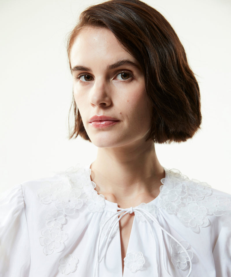 Machka Organza Flower-Embroidered Blouse White